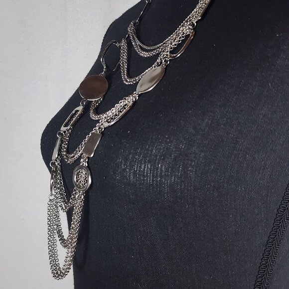 Chico's Vtg Sliver Tone Circle Square Chunky Layered Bib Statement 19" Necklace - Picture 10 of 16